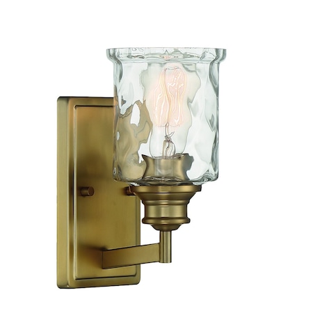 Designers Fountain Drake 5in 1-Light Brushed Gold Modern Industrial Indoor Wall Sconce with Clear Hammered Glass Shade 96301-BG